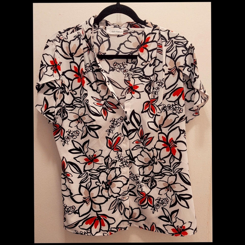 Calvin Klein Button Down Blouse Size L Worn Once Lightweight Red, Black & White